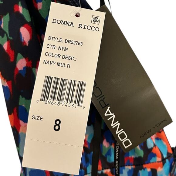 Donna Ricco Twisted Asymmetrical-Hem Printed Sheath Dress Women's 8 Navy Multi - Picture 7 of 7